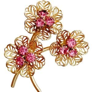 Vintage Mid Century Filigree Brooch Pink Rhinestone Floral Gold Tone 1950s 1960s